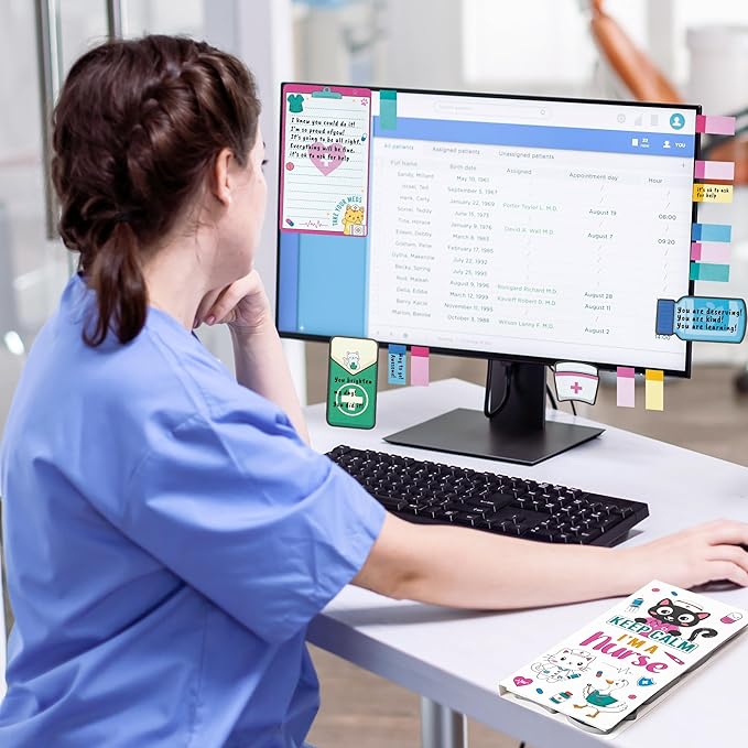 B1ykin Sticky Notes Set, Cartoon Theme Cute Self-Stick Notes Pad Teacher Appreciation Gifts， Self-Adhesive Writing Memo Pages Sticky to Do Notepad for Kids Employee School Office (Funny Nurse)