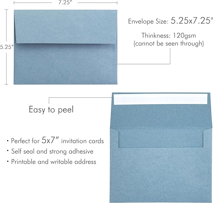 PONATIA 50 Pieces 5x7 Envelopes, Dusty Blue A7 Envelopes Self Seal for Weddings, Invitation Cards, Photos, Postcards, Greeting Cards Mailing, Baby Shower, Graduation, Christmas Gift Cards