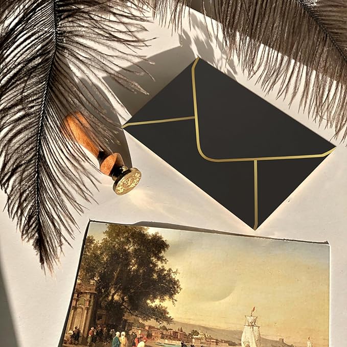 Black 5x7 Envelopes 50 Pcs, Goefun A7 Envelopes for Invitation, V-Flap with Gold Border for Baby Shower, Graduation, Announcements, 5.25 x 7.25 inches