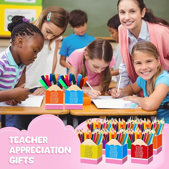 Sherr 6 Pcs Pencil Shaped Pen Holders, Acrylic Pencil Organizer Cups, Cute Creative Stationery Storage, Appreciation Gifts for Teacher Student School Classroom Office Home Desktop Supplies (Positive)