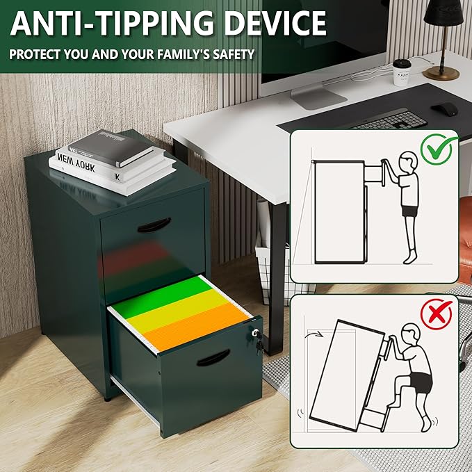 2 Drawer File Cabinet with Lock, Office File Cabinet with Drawers for Under Desk, Small Filling Cabinet for Home Office, Green, Assembly Required