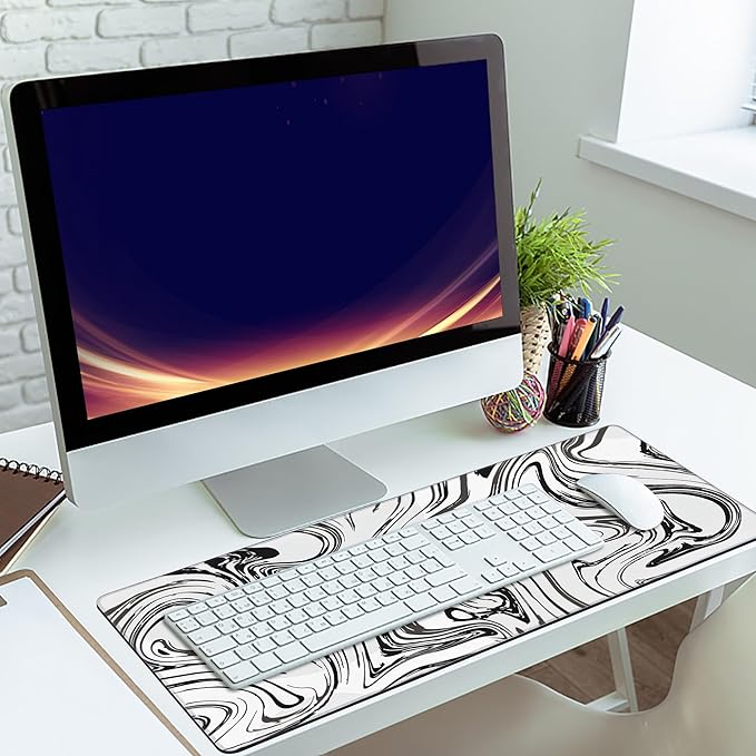 MIOAOSRT Desk Mat,Abstract Black and White Marbling Extended Gaming Mouse Pad,Large Non-Slip Rubber Base Mousepad with Stitched Edges,Waterproof Mouse Mat Desk Pad for Office Game Home 35.4x15.75 in