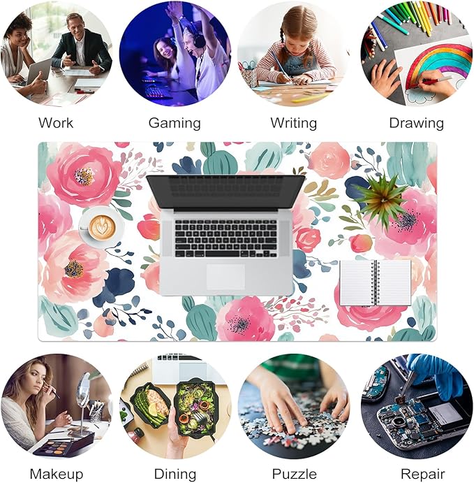 Colorful Star Large Mouse Pad, Pink Floral Desk Mat for Desktop, Women Girls Flowers PU Leather Waterproof Desk Pad, Computer PC Laptop Protector Gaming Mouse Pads for School Office Home 31.5" x 15.7"