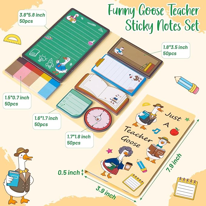 B1ykin Sticky Notes Set, Cartoon Theme Cute Self-Stick Notes Pad Teacher Appreciation Gifts， Self-Adhesive Writing Memo Pages Sticky to Do Notepad Thank You Gift for School Classroom (Goose Teacher)