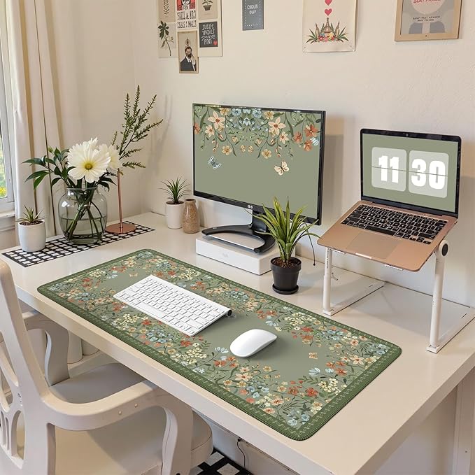 HAOCOO Dark Green Floral Desk Mat, Desk Mat for Keyboard and Mouse, XL Mouse Pad with Non-Slip Rubber Base, Waterproof Computer Mats for Desktop, Long Mouse Pad for Gaming, Women Office