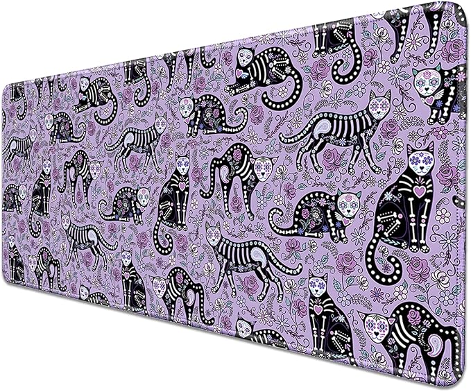 Gothic Cat Skeleton Flowers Mouse Pad,Extended Cat and Floral Mousepad Desk Pad with Stitched Edges,Non-Slip Waterproof Rubber Base Mouse Mat for Office Computer Keyboard Laptop Home(27.5x11.8 in)