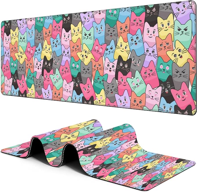 Colorful Cats Mouse Pad Desk Mat XL Large Gaming Mousepad Extended Computer Keyboard Mat with Non-Slip Rubber Base and Stitched Edge 11.8 x 31.5 Inch for Gaming and Office Work