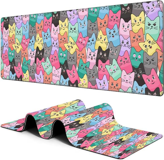 Colorful Cats Mouse Pad Desk Mat XL Large Gaming Mousepad Extended Computer Keyboard Mat with Non-Slip Rubber Base and Stitched Edge 11.8 x 31.5 Inch for Gaming and Office Work