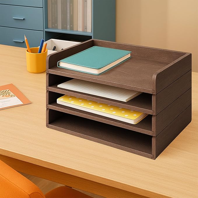 PROLEE Wooden Paper Tray Organizer for Desk,Stackable Paper Holder and Letter Tray,4-Tier Desktop File Storage Rack for Study,Home and Office(Walnut,14" x 9.5" x 2.5")
