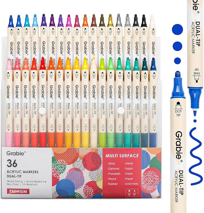 Grabie 36 Dual Tip Acrylic Paint Markers, Acrylic Paint Pens, Fabric Markers for Fabric, Canvas, Rock, Glass, Wood, Paper, DIY, Canvas DIY Art Supplies Kit, Set of 36