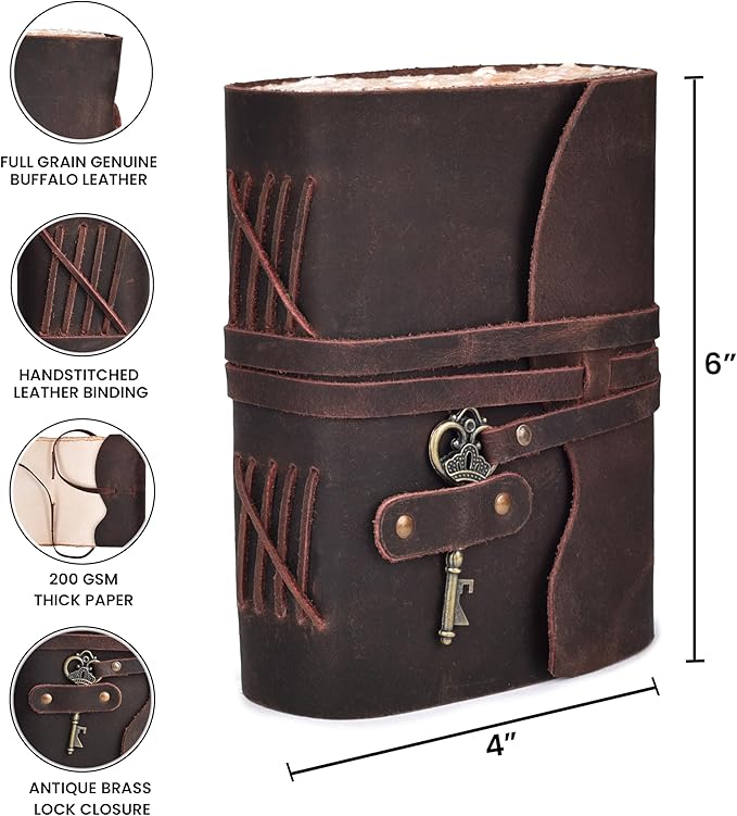 LEATHER VILLAGE Vintage Leather Journal – 200 Handmade Vintage Deckle Edge Paper – Leather bound Journal For Women Men – Vintage Key Closure - Book of Shadows - Chocolate Brown - 6X4 inches (A6)