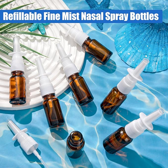 20 Pcs Nasal Spray Bottle, 10ML/0.35OZ 12Pcs Glass Brown Nasal Spray Bottles Empty with 4 Pcs Funnels and 4 Pcs Labels