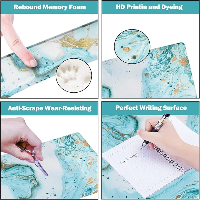 ARTSO Large Gaming Mouse Pad, Keyboard Wrist Rest Pad & Wrist Support Mousepad Set, Stitched Edge, Extended, Non-Slip Base, Memory Foam Desk Mat 4pcs for Office & Home, Teal Turqoise Marble