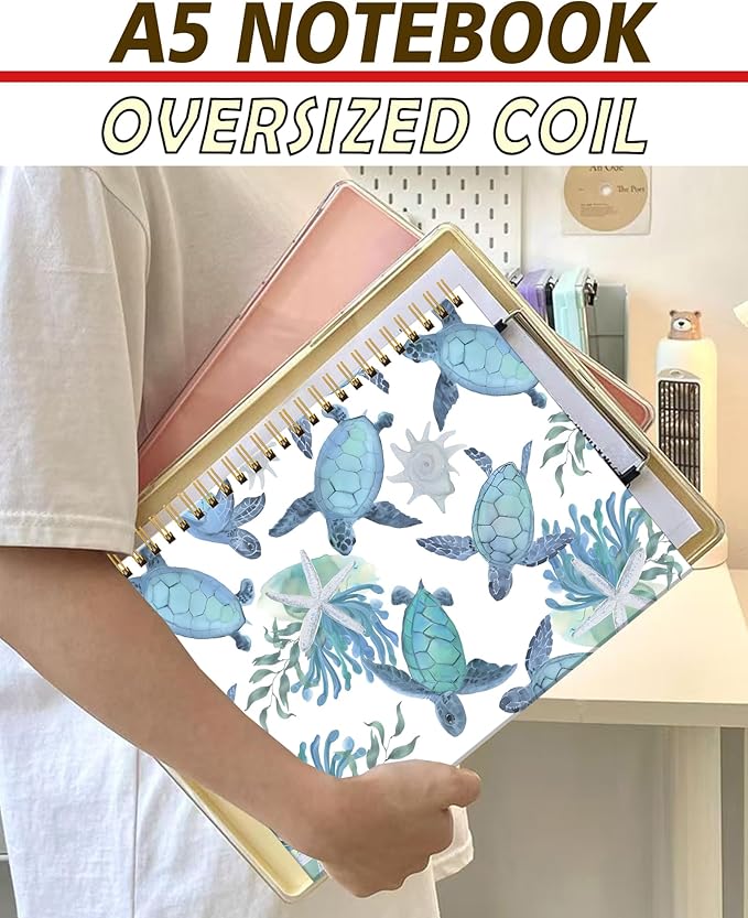 Spiral Notebook A5, Hardcover Journal for Women, 120 Pages Thick College Ruled Paper, Perfect for Office, School, or Home Use(Turtles and Starfish)