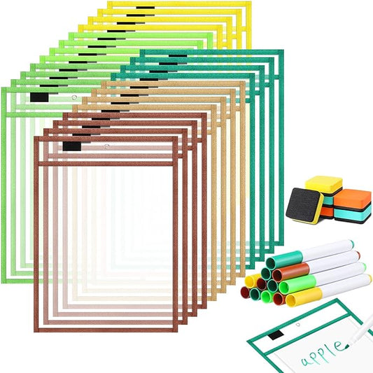 24 Pack Dry Erase Pocket Reusable Sleeves 10" x 14" Clear Plastic Sheet Protectors with Dry Erase Markers and Mini Sleeves Paper Teacher Supplies(Rainforest Green)