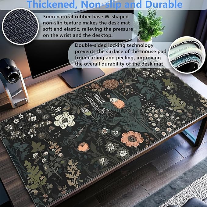 Dark Floral Desk Pad Mat, Extended XL Large Gaming Mousepad with Stitched Edges, Non-Slip Computer Mat Pad for Desk, Keyboard and Mouse mat 31.5 x 15.7 in