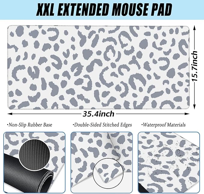 Desk Pad, Abstract Grey Leopard Prints Extended Large Gaming Mouse Pad for Desk XXL, Large Desk Mat for Desktop with Non-Slip Rubber Base Stitched Edges for Computer Keyboard Home Office 35.4"X15.7"