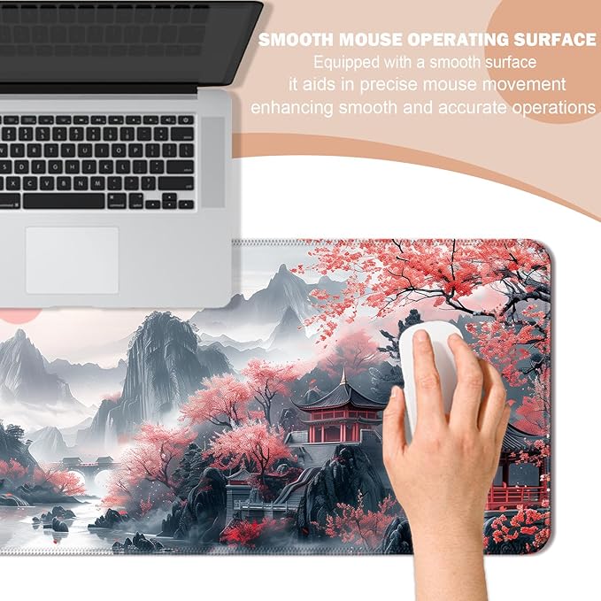 Japanese Cherry Blossom Desk Mat, Watercolor White and Pink Sakura Extended Large Gaming Mouse Pad, Computer Keyboard Laptop Mousepad for Work, Game, Office and Home, XL