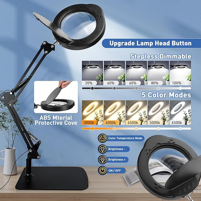 15X Desk Magnifying Glass with Light and Stand,Real Glass EyeCare LED Lighted Magnifier,5 Color Modes Stepless Dimmable,Hands Free 2-in-1 Desk Lamp for Craft Reading Painting Hobby Close Work