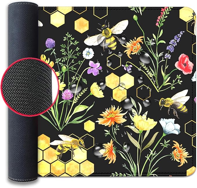 Bees and Honeycombs Mouse Pad,XL Large Wildflowers Mousepad Desk Pad with Stitched Edges,Non-Slip Waterproof Rubber Base Mouse Mat Desk Mat for Office Computer Keyboard Laptop Home(27.5x11.8 in)
