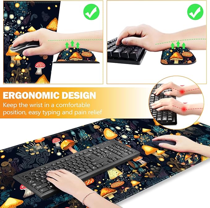 ARTSO Large Gaming Mouse Pad, Keyboard Wrist Rest Pad & Wrist Support Mousepad Set, Stitched Edge, Extended, Non-Slip Base, Memory Foam Desk Mat for Office, Home, Cute Mushrooms