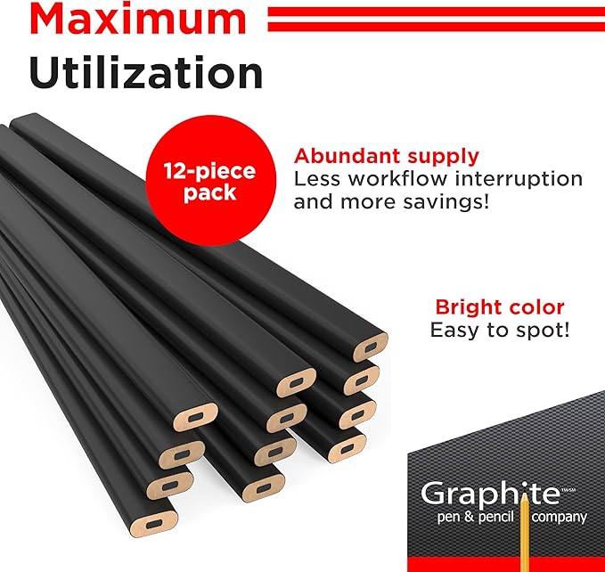 GRAPHITE Hard Lead Carpenter Pencils Bulk - (1) Pack of 12 Pieces Lumber Wooden Pencil #2 (HB) - Black