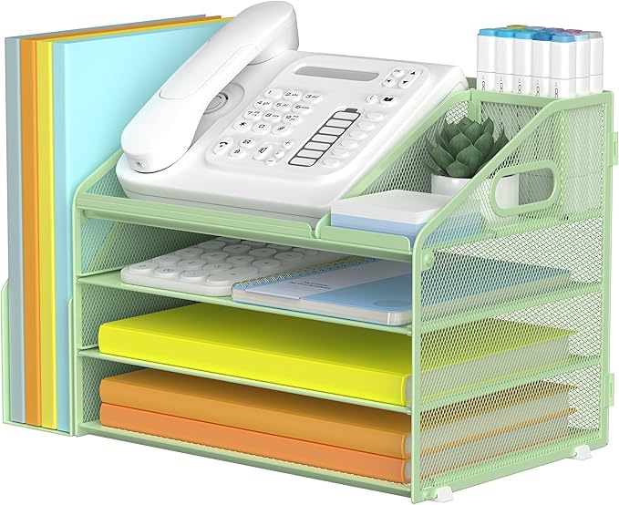 DocNest 4 Tier Paper Letter Tray File Organizer, Mesh Desk File with Handle, Workspace Desk Organizers with Pen Holder, Office Organization Storage Accessories - Green