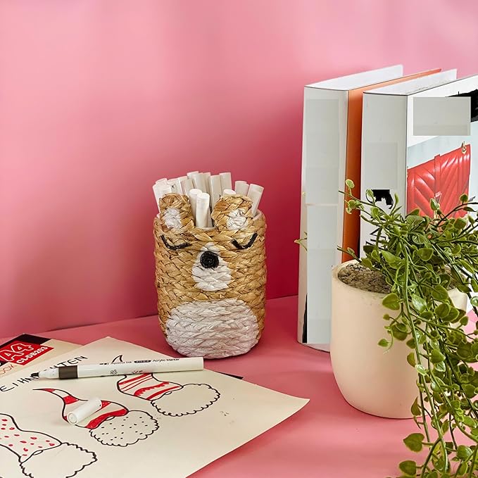 Decorative pen cup for home office desk organizer, round baskets for décor, wooden pencil holder, small makeup brush holder