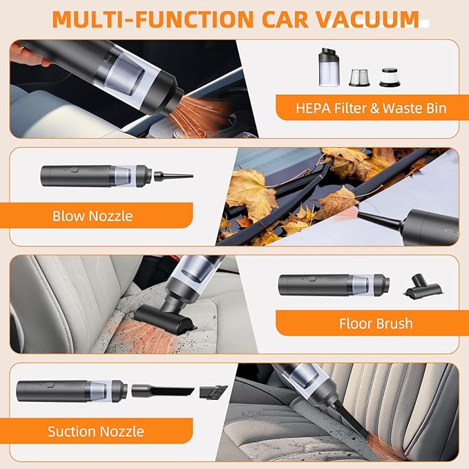 AILEWING Car Vacuum Portable Cordless 19000Pa Powerful Suction, 4-in-1 Mini Vacuum Cleaner Rechargeable Type-C, Wireless Handheld Vacuum for Car, Office Desk & Home