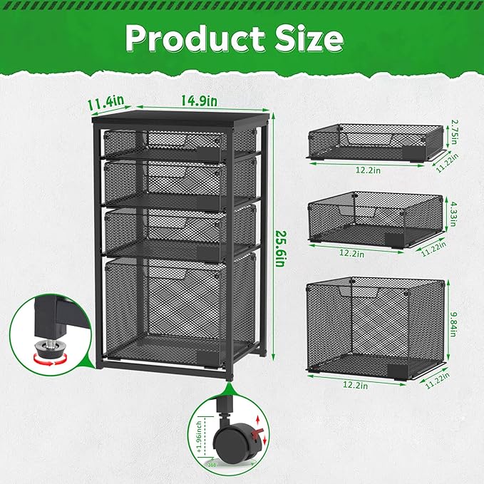 Rolling File Cart with 4 Storage Drawers, Filing Cabinet for Home Office, Hanging File Folder Organizer with Wheels Under Desk, Utility Craft Cart Printer Stand, Black, Patent Pending