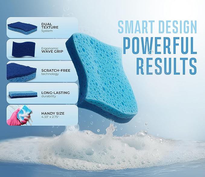 RSLIFE Blue Scrub Sponges Pack of 6 – Dual-Sided Kitchen Sponges for Cleaning – Non Scratch for Dishes, Bathroom, Surfaces – Durable Dishwashing Sponge