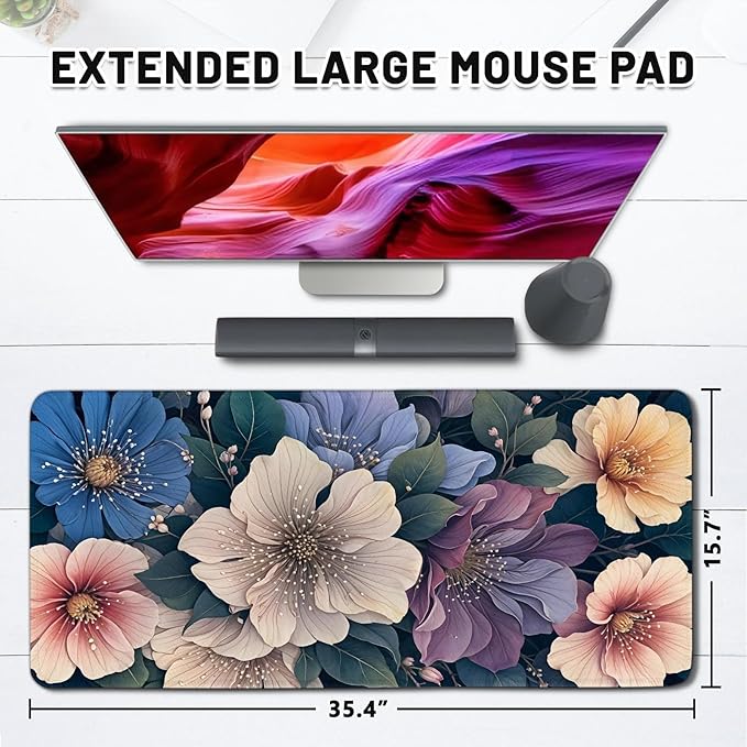 BlueFloral Gaming Mouse Pad, Extra Large Computer Keyboard Mousepad, Flower Mouse Mat Big with Non-Slip Base Stitched Edge, Birthday Gift for Women Men, Long Desk Mat for Home Office 15.7”x 35.4” XXL