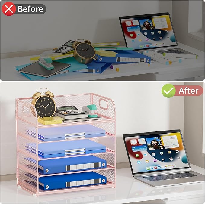 Paper Organizer for Desk Organizers and Accessories for Office 5 Tier Letter Tray Storage with Handle Mesh Desktop Paper Holder for School- Pink