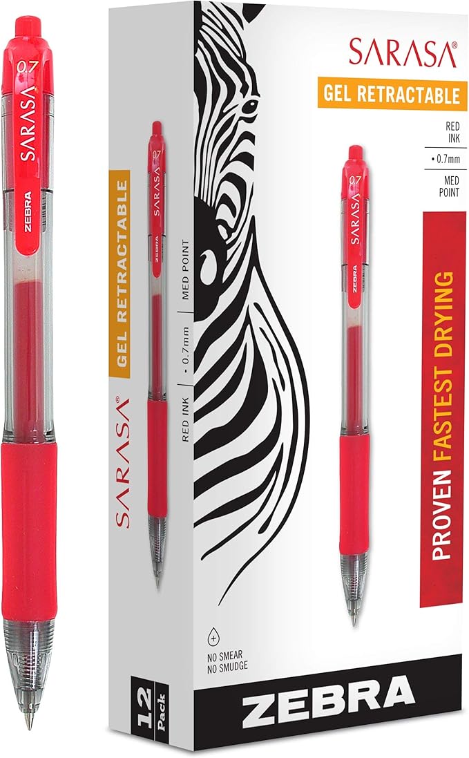 Zebra Pen Sarasa Dry X20 Retractable Gel Pens, 0.7mm Medium Point, Red Ink with Rapid Dry Ink Technology, Ideal for Office Supplies and School Supplies, 12-Pack (46830)