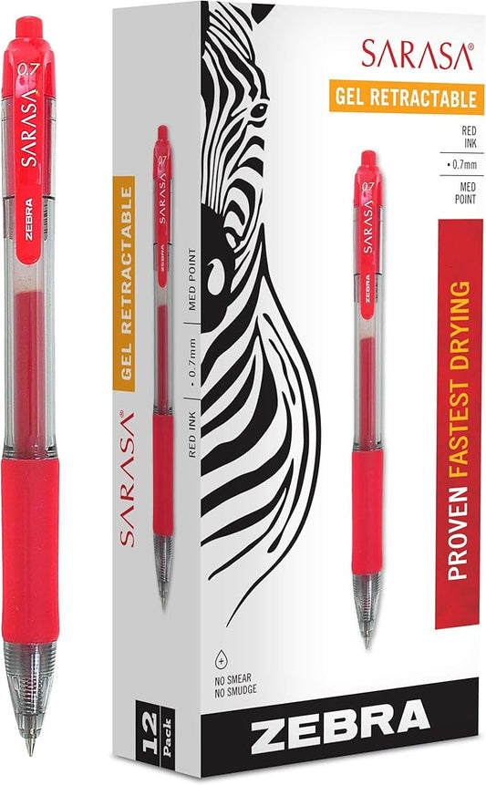 Zebra Pen Sarasa Dry X20 Retractable Gel Pens, 0.7mm Medium Point, Red Ink with Rapid Dry Ink Technology, Ideal for Office Supplies and School Supplies, 12-Pack (46830)