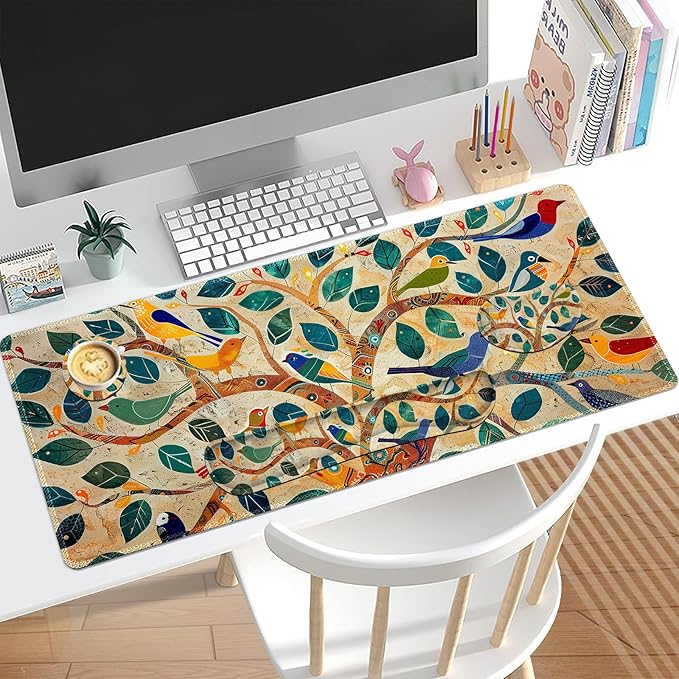 Large Desk Mat Set, Extended Gaming Mouse Pad with Wrist Rest, 4 in 1 Ergonomic Mouse Pad with Wrist Rest Keyboard Mat Combo for Home Office, Colorful Tree Bird