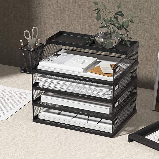 Metal Stackable Letter Trays, 4-Tier Desk Organizer & Paper Trays for Office, Stackable File & Document Tray with Magnetic Labels,Black
