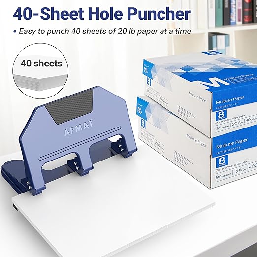AFMAT HPX3 Heavy Duty 3 Hole Punch, 40-Sheet 3 Hole Puncher for Binder, Metal Three Hole Punch w/ 10,000+ Uses, 50% Reduced Effort, Bulit-in S.S. Paper Guide, Large Chip Tray, Blue