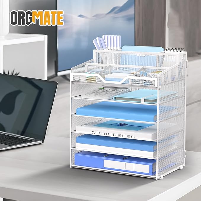 6 Tier Mesh Desk Organizer,Multi Functional Letter Paper Tray with 3 Pen Holders and 5 Adjustable Storage Compartments for Office Supplies Files and Mail Space Saving Desktop Organizer-White