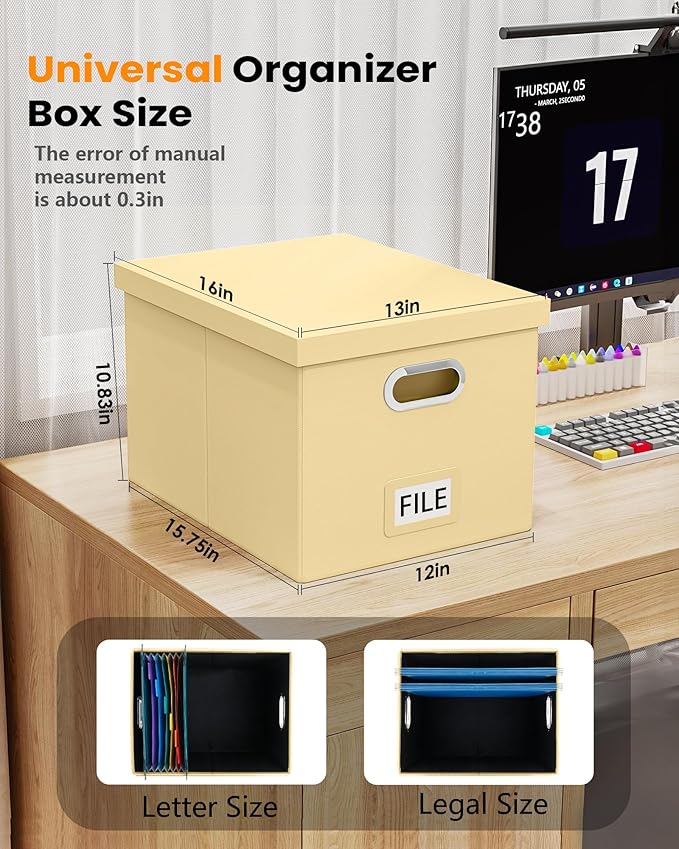 Oterri File Organizer Box,Filing Box with Lid,File Box for Letter/Legal File Folder Storage, Portable Hanging File Box for Office/Decor/Home,1 Pack, Cream-yellow(Leather),Box only