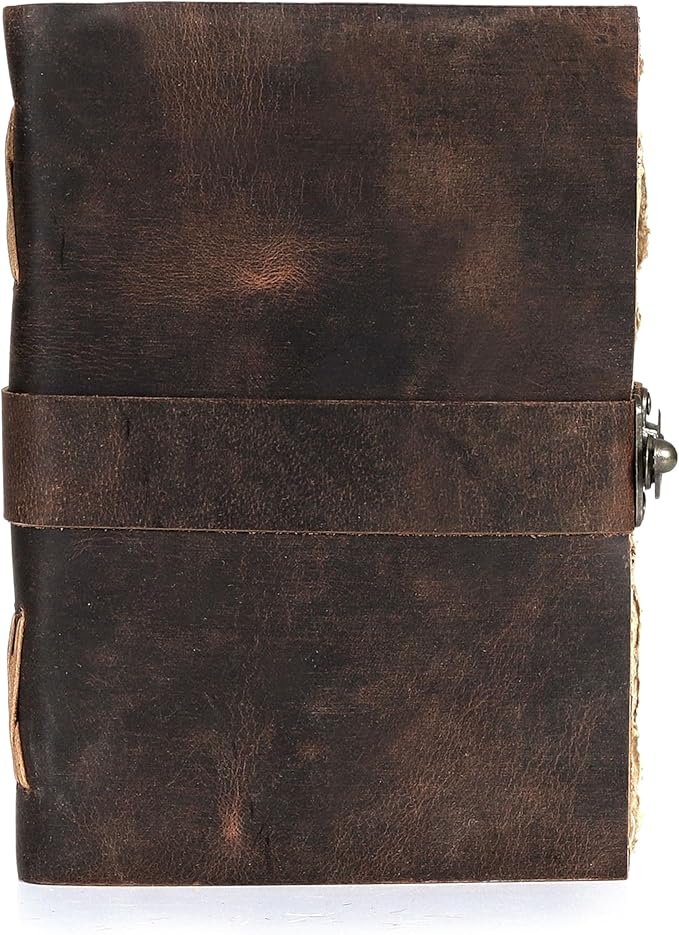 HLC Leather Journal, 200 Pages of Antique Deckle Edges Handmade Paper Vintage Journals for Men & Women, Vintage Lock Closure Rustic Brown Leather Gifts with Pen Holder (8" X 6" inches)