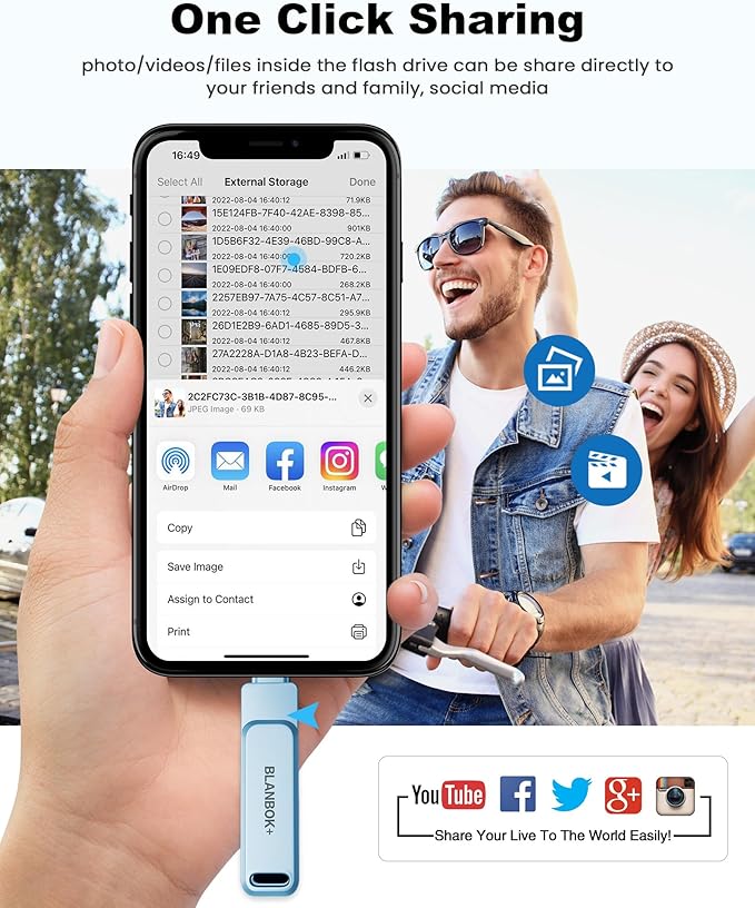 MFi Certified 256GB Flash Drive for iPhone Photo Stick, USB Memory Stick iPhone Flash Drive for Photos Videos, High Speed External Storage USB Stick Thumb Drive for iPhone/iPad/Android/PC(Sky Blue)