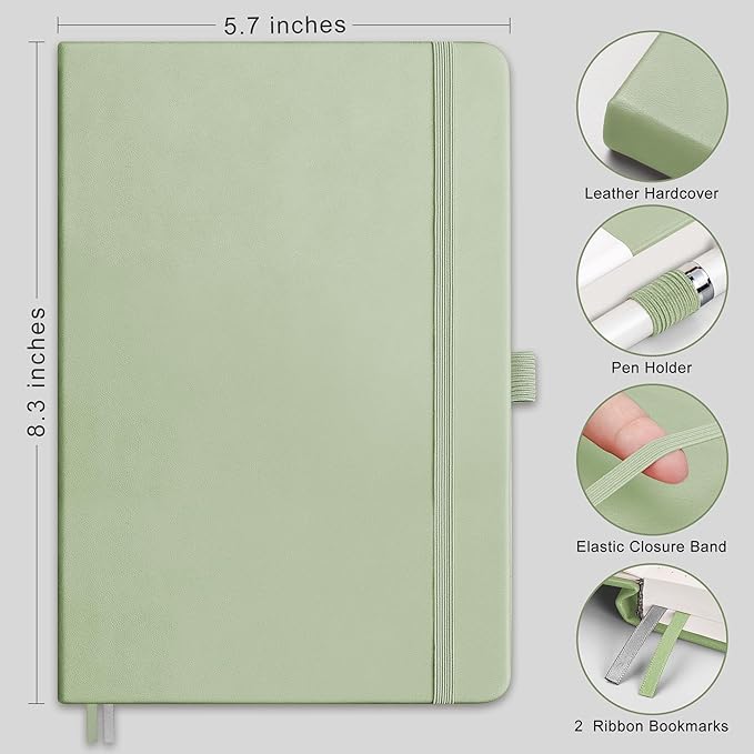 RETTACY Graph Grid Paper Notebook, 192 Pages, A5 Medium Size (5.7'' x 8.3''), 5 Squares per Inch, Leather Hardcover, 100 GSM Thick Paper, for School, Students, Math, Engineering (Light Green)