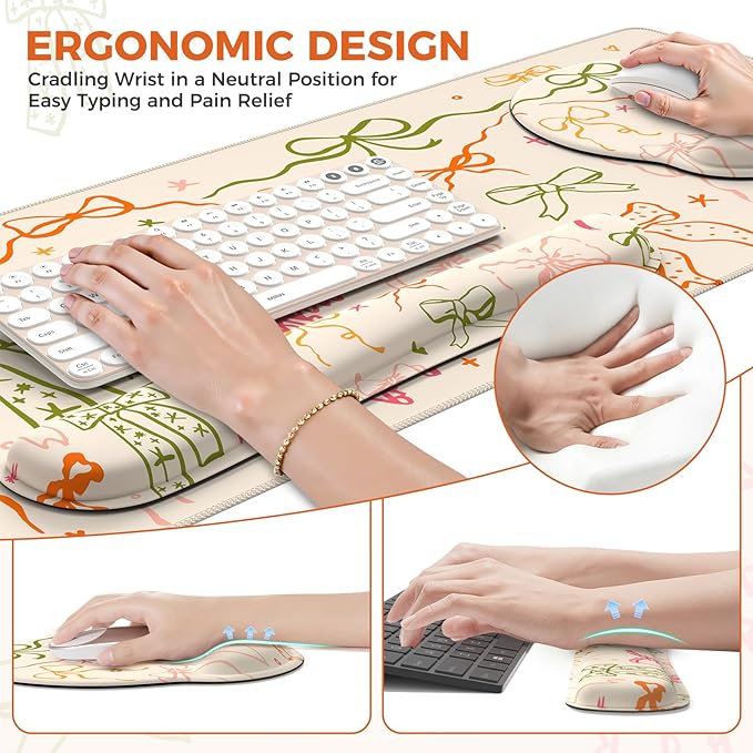 iCasso Desk Pad Mat, Large Mouse Pad and Keyboard Wrist Rest Set, Desk Protector Mat,4in1 Ergonomic Carpal Tunnel Keyboard Pad with Wrist Support for Desktop Home Office Computer (Colorful Ribbon)