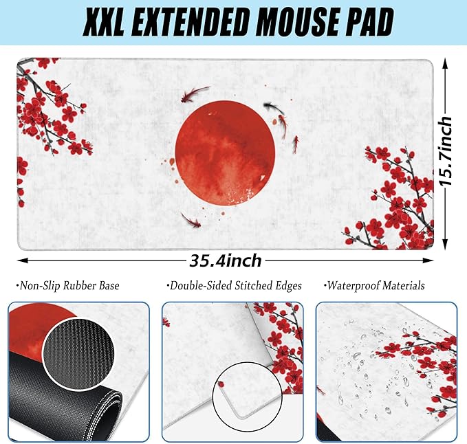 Desk Pad, Cherry Blossom Flowers Koi Carp Fishes and Red Sun Extended Large Gaming Mouse Pad XXL, Large Desk Mat for Desktop with Non-Slip Rubber Base Stitched Edges for Home Office 35.4"X15.7"