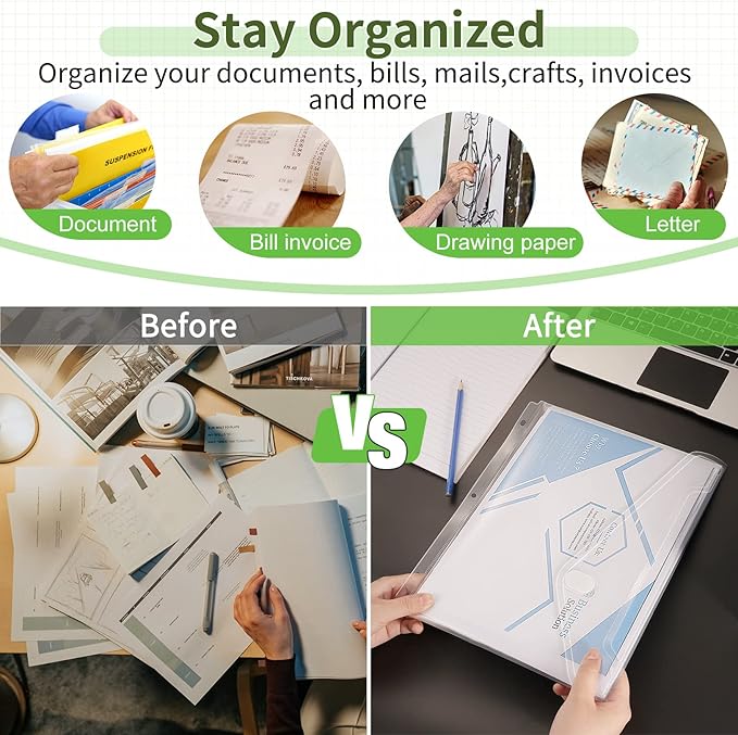 Sooez 12 Pack Space-Saving Binder Folders, Heavyweight Pockets, Clear Envelopes, Side Loading Organizer