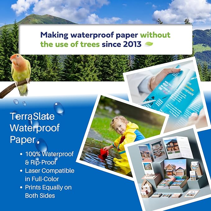 TerraSlate Waterproof Laser Printer Paper – Rip-Proof, Weatherproof, 5 Mil (24lb Bond), A4 Size 210 x 297 mm, 25 Sheets, White, Synthetic Paper for Outdoor Use