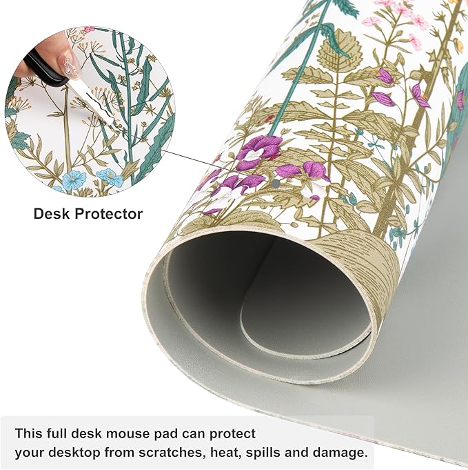 QIYI Large Mouse Pad, Floral Desk Mat for Desktop, Wildflowers Herbs PU Leather Waterproof Gaming Mousepad, Computer Laptop Desk Accessories Protector Writing Pads for School Office Home 31.5" x 15.7"