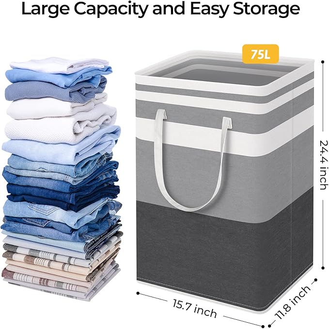HomeHacks 3-Pack Large Laundry Basket,75L Each Waterproof, Freestanding Laundry Hamper, Collapsible Tall Clothes Hamper with Extended Handles for Clothes Toys in the Dorm and Family-Gradient Grey