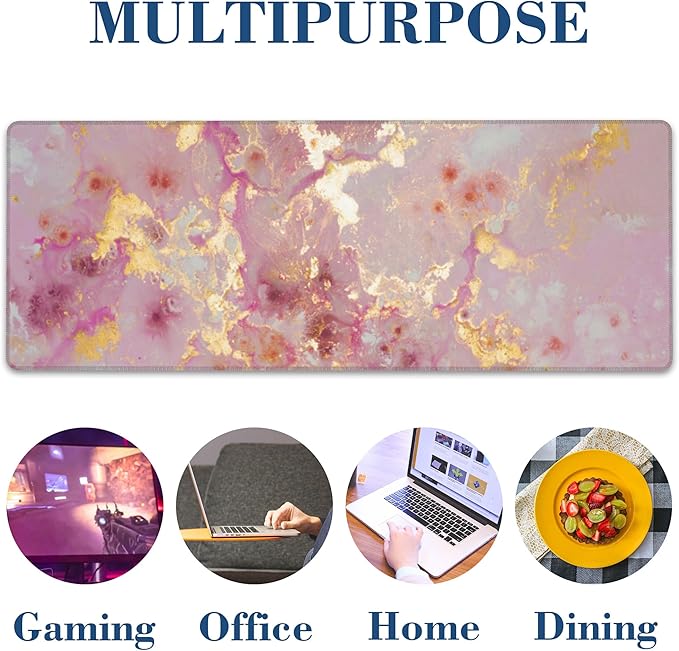 Pink and Gold Abstract Mouse Pad Desk Mat XL Large Gaming Mousepad Extended Computer Keyboard Mat with Non-Slip Rubber Base and Stitched Edge 11.8 x 31.5 Inch for Gaming and Office Work